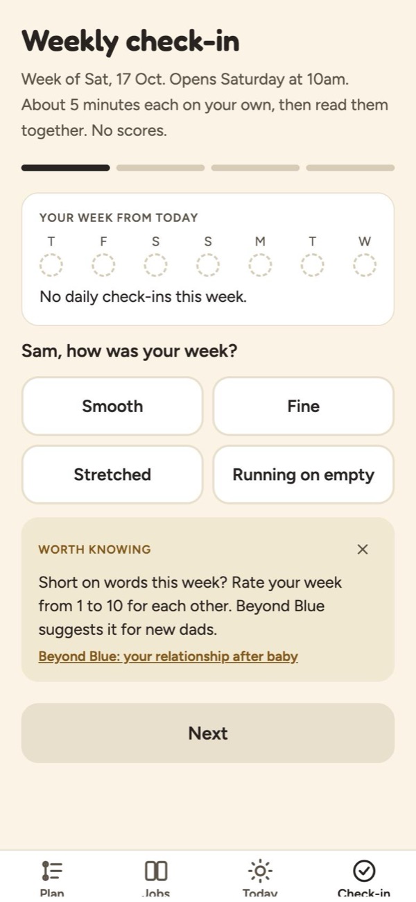 Weekly check-in screen asking Sam how his week was: smooth, fine, stretched or running on empty.