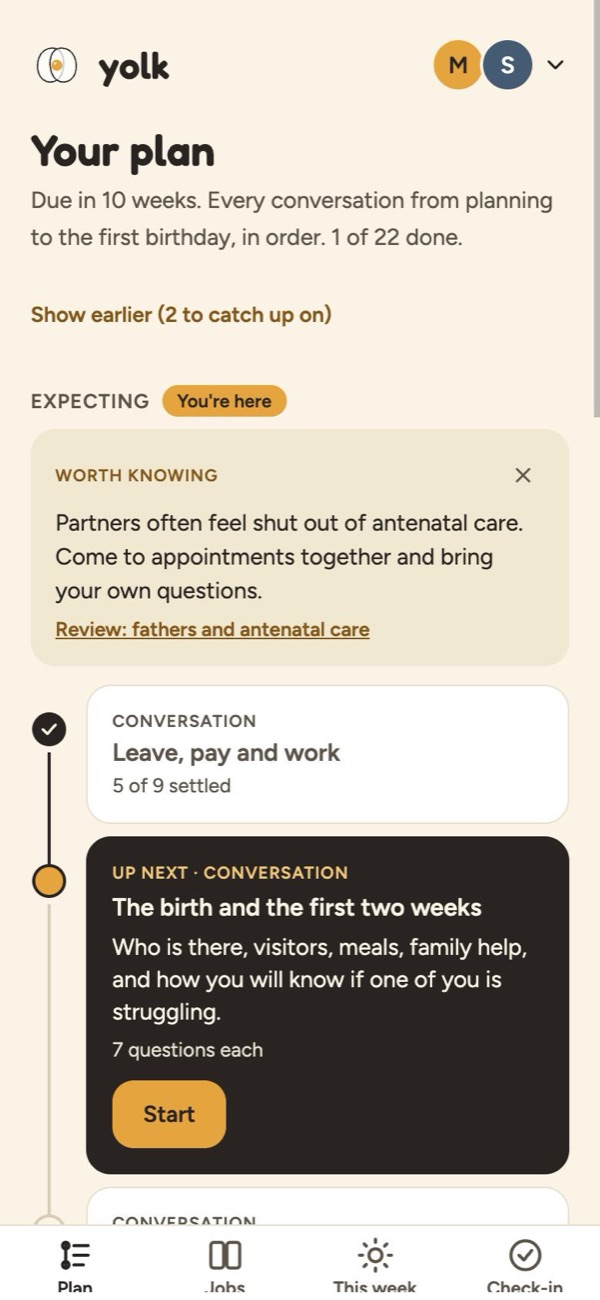 Plan screen showing a tip: partners often feel shut out of antenatal care, so come to appointments together and bring your own questions.